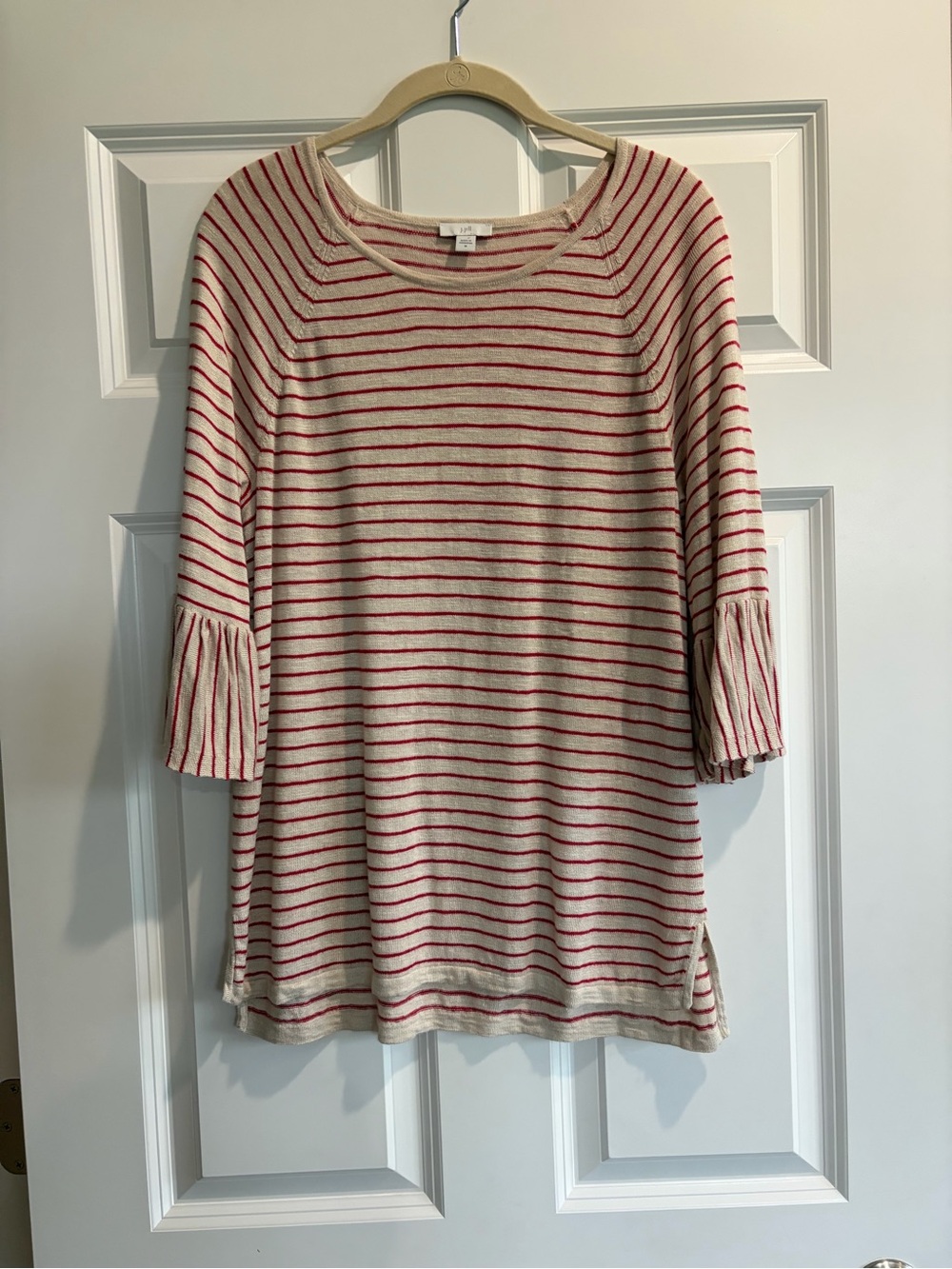 J. Jill Cream Top with Red Stripes and Ruffle Sleeves